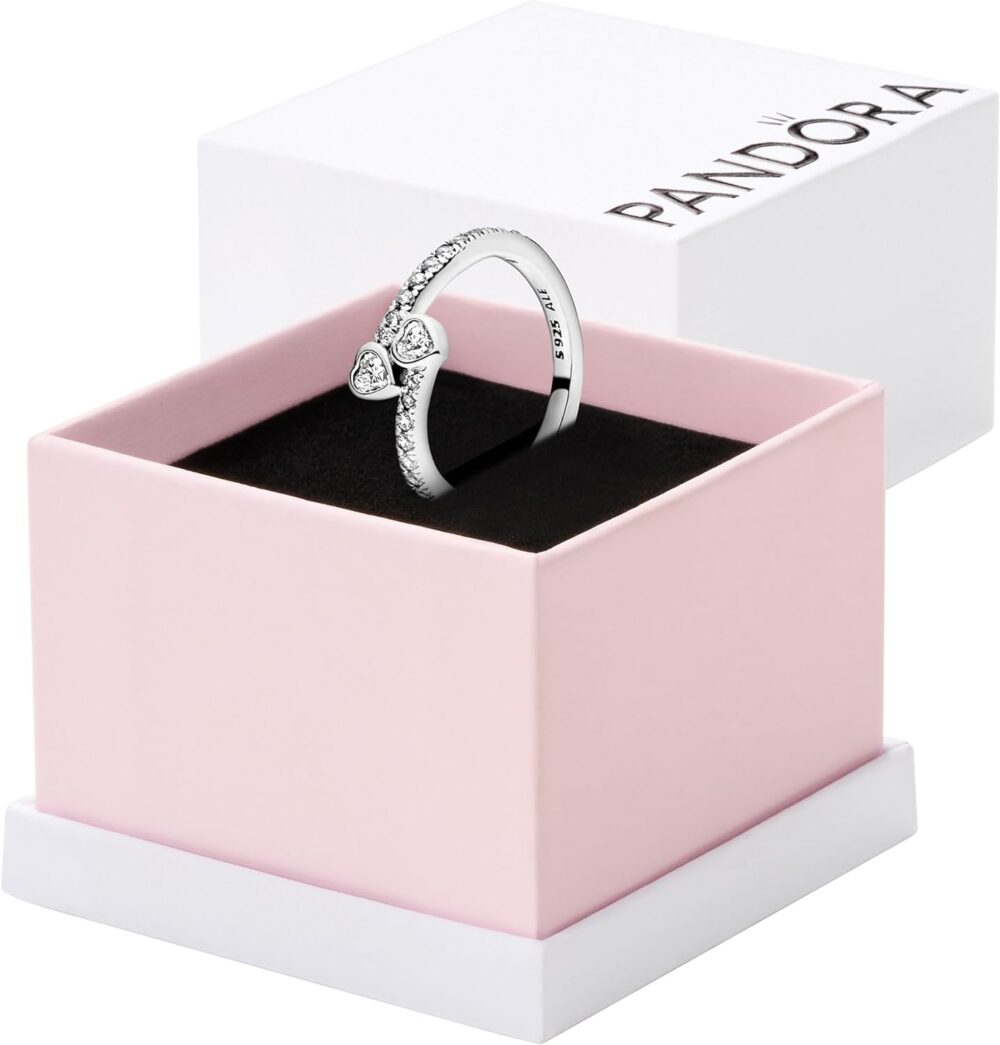 Pandora Two Sparkling Hearts Ring - The Ultimate Symbol of Love - Sterling Silver Ring for Women - Sterling Silver with Clear Cubic Zirconia - With Gift Box