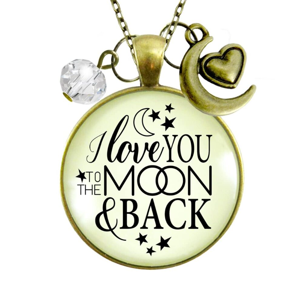 I Love You To The Moon and Back Necklace Boho Style Jewelry For Women Mother Daughter, Chain 24" - Handmade Nostalgic Quote Pendant, Bronze Moon Heart Charm, Packaged With Message Card & Gift Box - Image 2