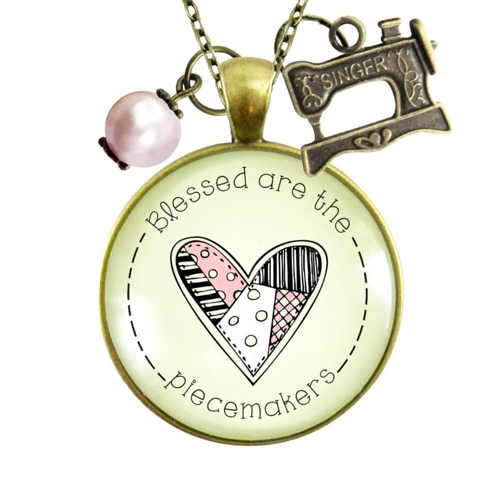 Quilters Necklace Blessed are Piecemakers Seamstress Faith Jewelry for Women 36" Chain - Handmade Pendant, Vintage Bronze Sewing Machine Charm, Thoughtful Packaging with Message Card & Gift Box - Image 2