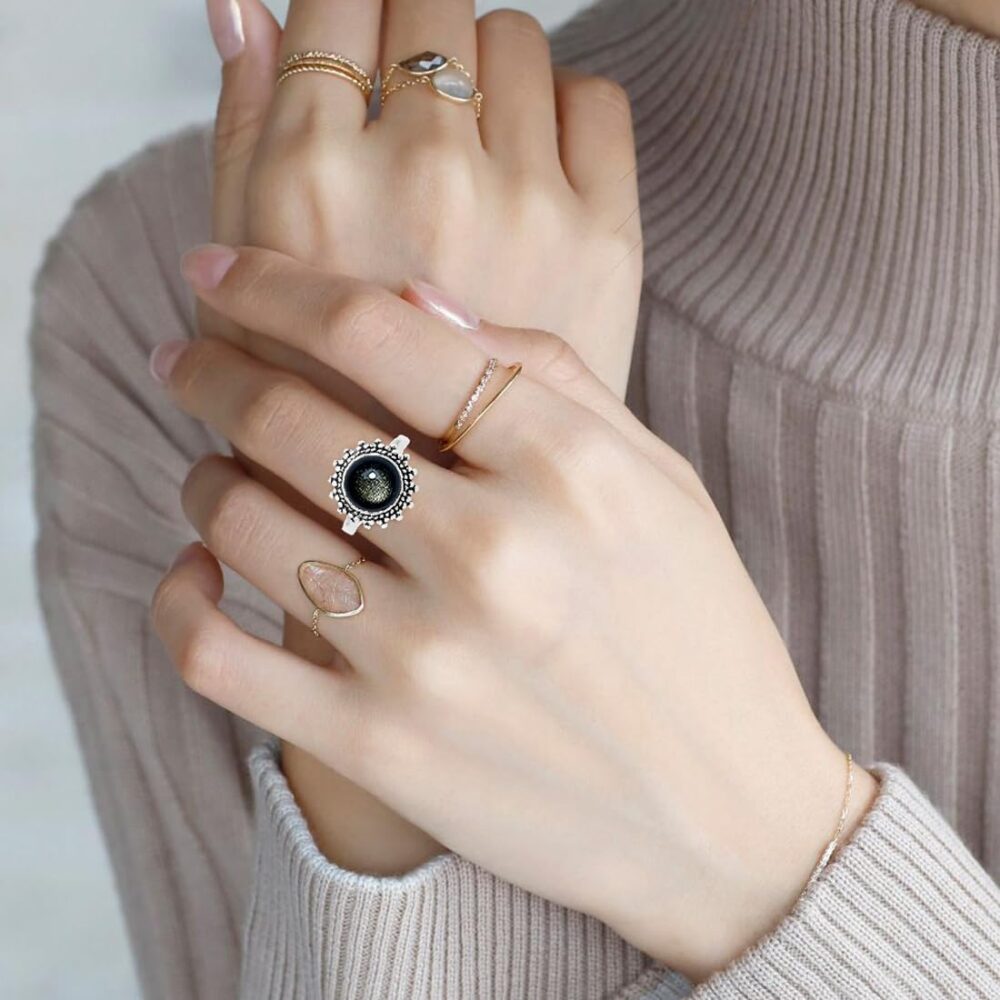 Silver Natural Obsidian Stone Ring for Women,Retro S925 Sterling Silver Gemstone Ring Jewelry Gift for Her - Image 5