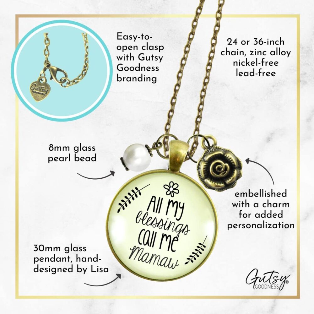 Mamaw Necklace All My Blessings Southern Grandma Jewelry For Women From Grandchildren 24" Chain - Handmade Family Theme Vintage Pendant, Bronze Rose Charm, Gift Packaged Grandmother Message Card & Box - Image 4