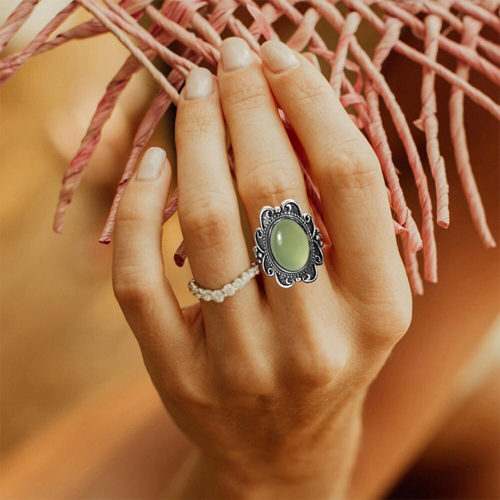 Natural Oval Olive Green Agate Stone Ring,Retro S925 Sterling Silver Real Genuine Crystal Quartz Gemstone Wide Chunky Boho Bohemian Statement Ring for Women Her (B_Olive Agate, 10) - Image 5