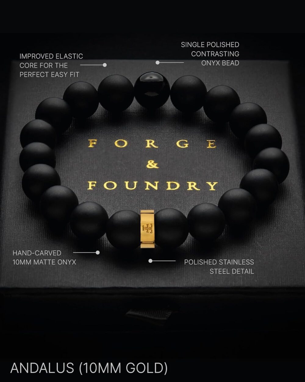 Forge & Foundry Men’s Matte Black Solid Onyx Beaded Bracelet | Polished 18K Gold Plated, Polished Stainless Steel or Polished Black Signature Bead Options | "Andalus" | Refined Hand-Crafted Jewelry, Designed by Jewelers, Forged for Men - Image 3