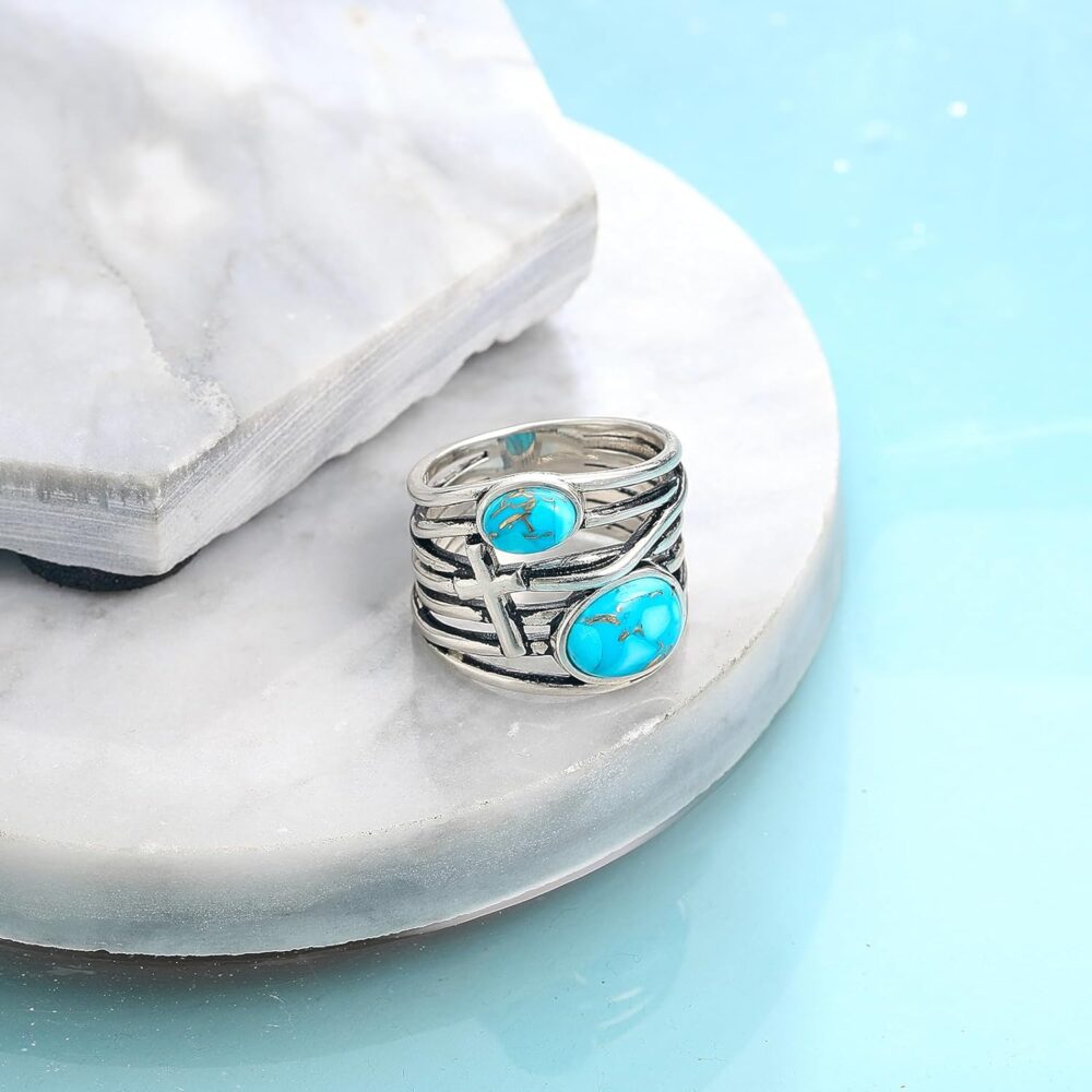 Turquoise Ring 925 Sterling Silver Cross Highway Rings for Women Handmade Statement Rings Valentine's Day Daily Jewelry Gifts Size 6-9 - Image 5