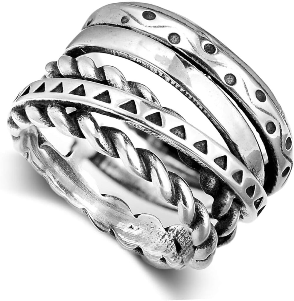 Sterling Silver Ring for Women Statement Wide Band Boho Engraved