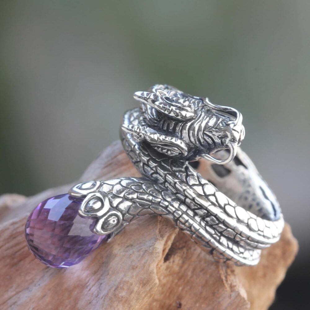 NOVICA Artisan Handmade Amethyst Cocktail Ring Original Silver Dragon with Sterling Purple Indonesia Animal Themed Birthstone 'Royal Dragon' - Image 2