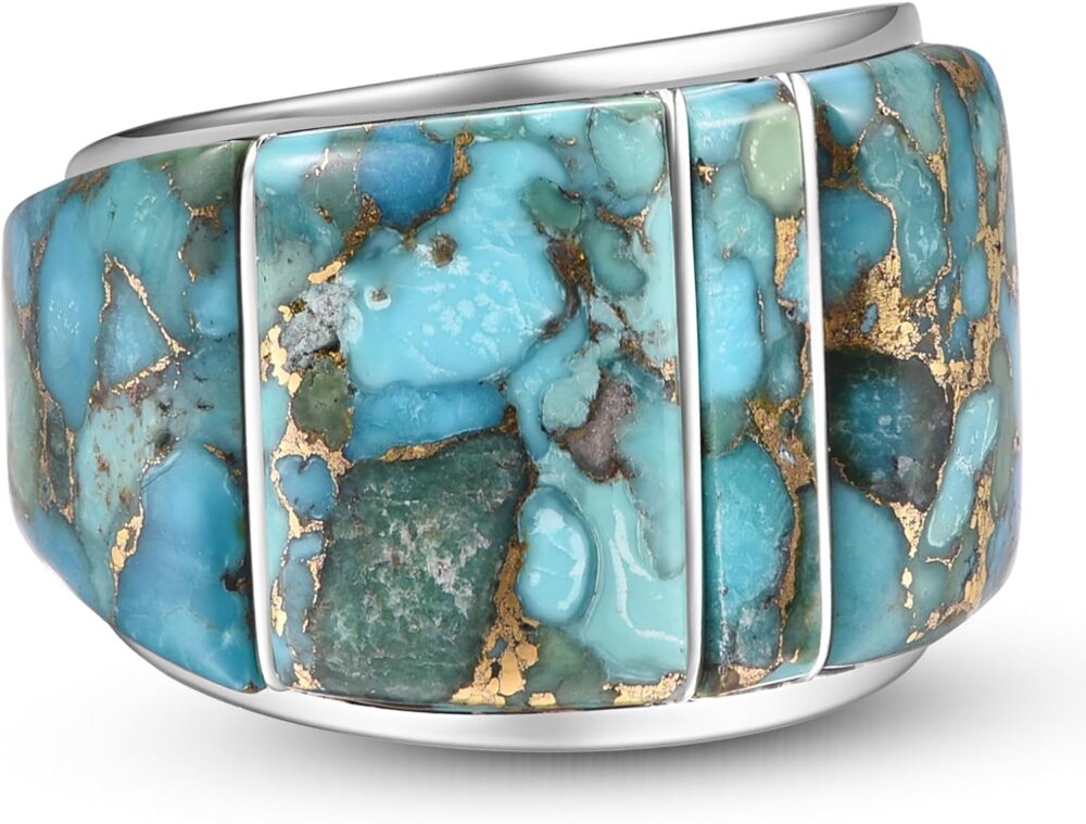 Wide Turquoise Ring for Women - 925 Sterling Silver Western Turquoise Statement Rings Multicolor Gemstones Wide Band Ring Valentines Gifts Size 6-10 - Image 3