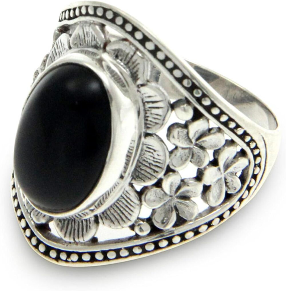 NOVICA Artisan Handmade Onyx Flower Ring Unique .925 Sterling Silver Cocktail Black White Indonesia Floral Happiness Birthstone 'Frangipani Mystery'