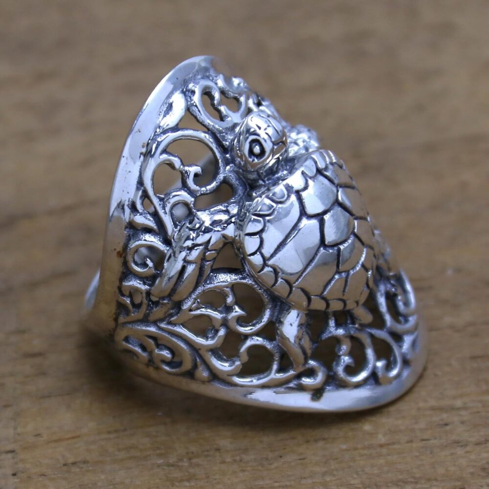 NOVICA Artisan Handmade .925 Sterling Silver Cocktail Ring Sea Turtle from Bali Indonesia Animal Themed 'Elegant Sea Turtle' - Image 4