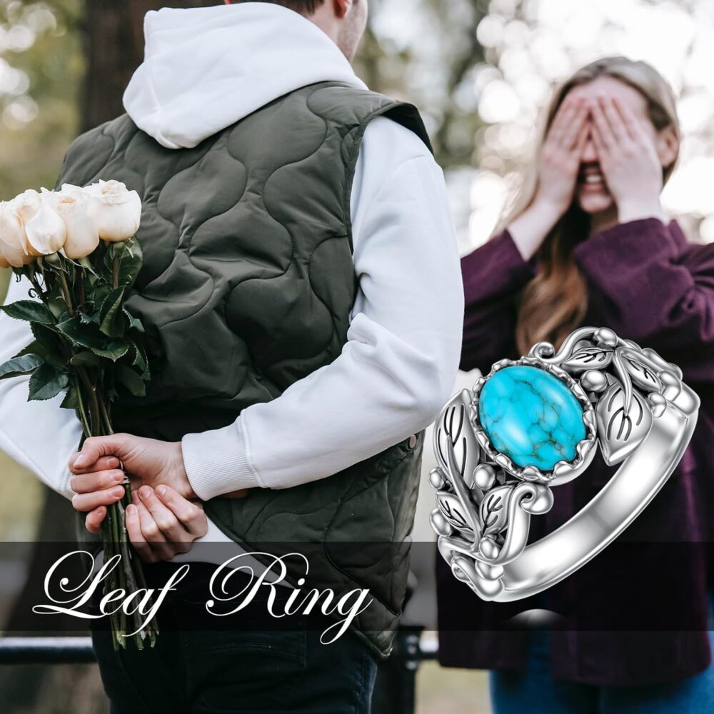 Turquoise Ring 925 Sterling Silver Leaf Ring Leaf Turquoise Ring Western Oval Gemstone Jewelry Vintage Inspired Ring Gift for Women Wife Mom - Image 6