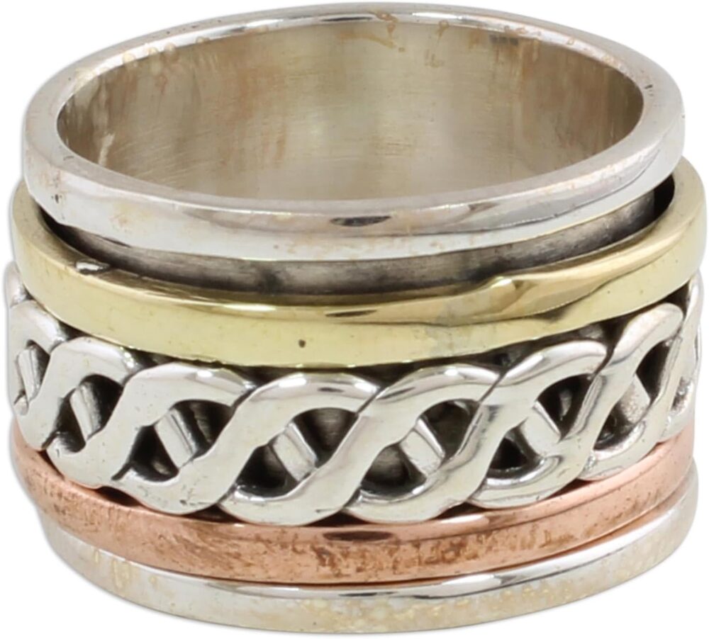 NOVICA Artisan Handmade .925 Sterling Silver Meditation Spinner Ring Copper Brass from India 'Spinning Braid'