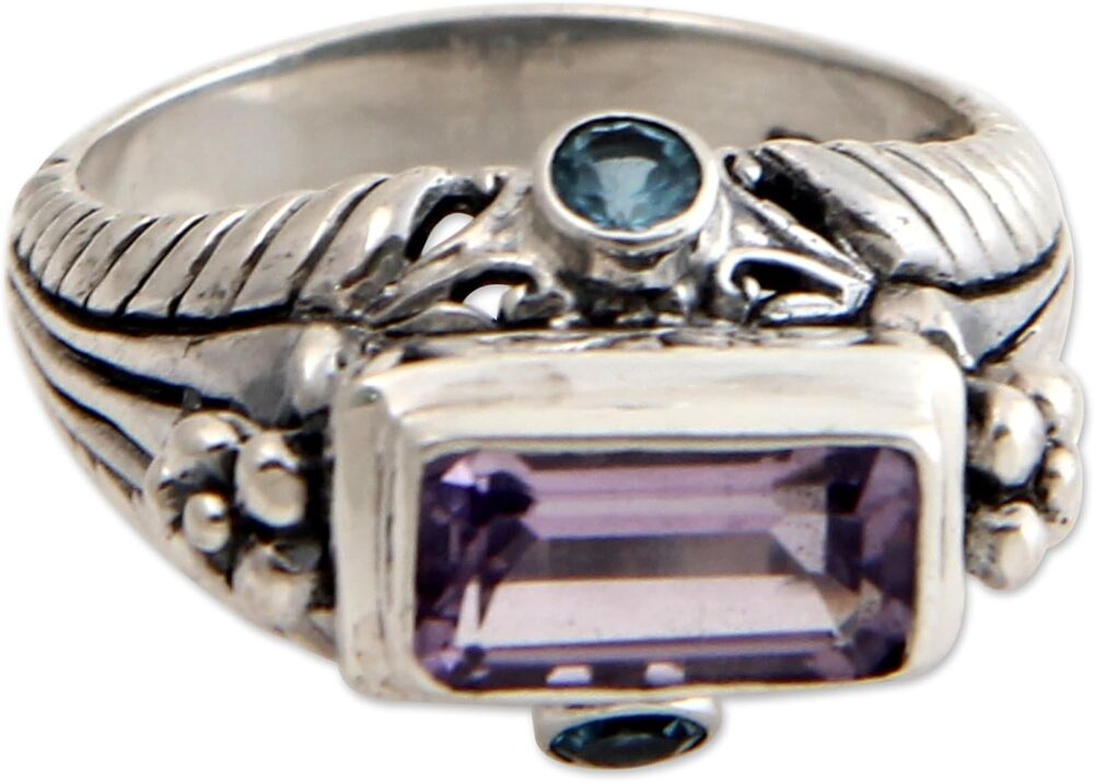 NOVICA Artisan Handmade Amethyst Blue Topaz Cocktail Ring .925 Sterling Silver Purple Indonesia Birthstone 'Sea Temple'