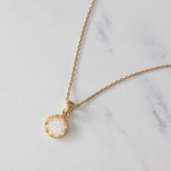 White Opal Pendant Necklace for Women in 14k Yellow Gold Plated on 925 Sterling Silver - October Birthstone 8mm Round Cut Gemstone - Vintage Handmade Crown Style Silver Mount on a Gold Plate Chain - Image 5