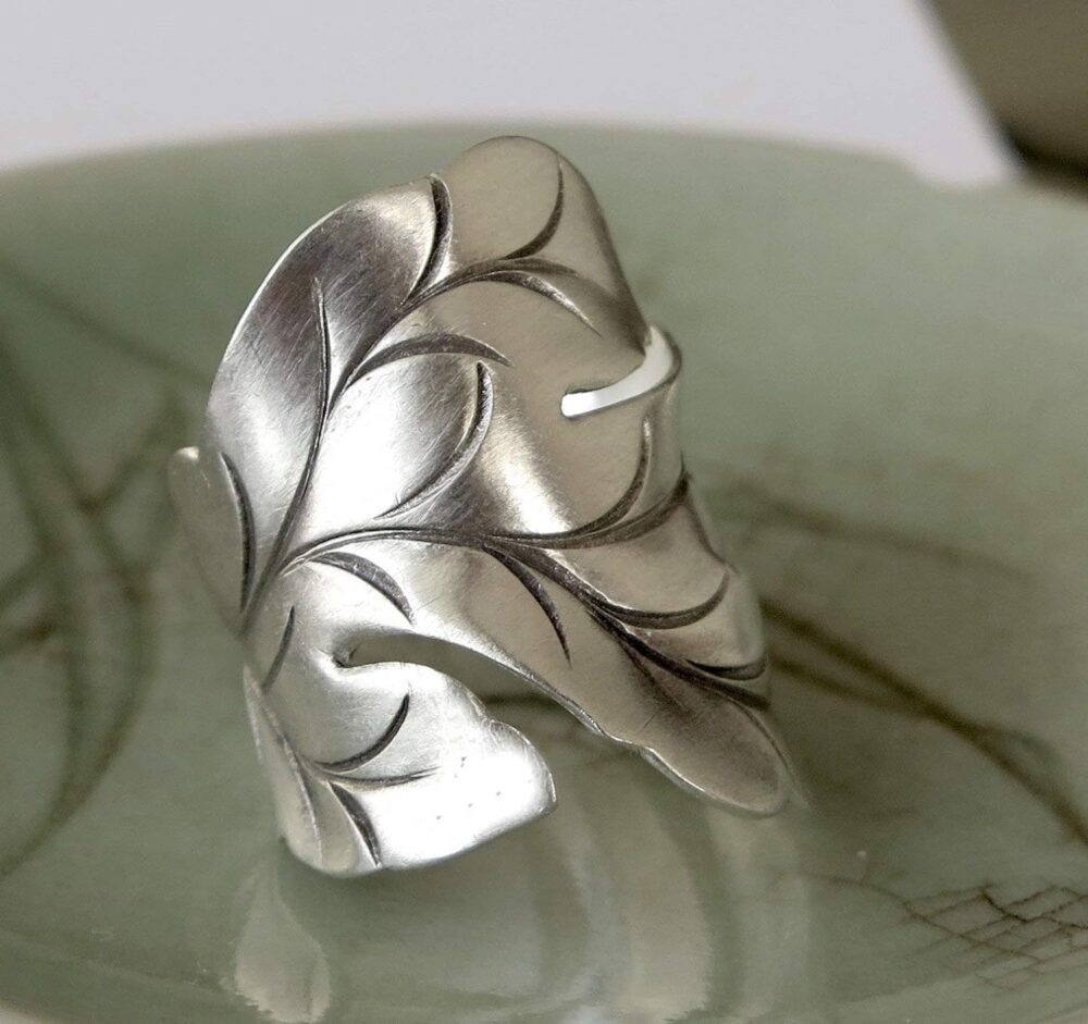 Sterling Silver Handmade Large Nature Boho Leaf Statement Wide Ring Adjustable Wrap to Sizes 6 to 11 also as Thumb Ring - Image 2