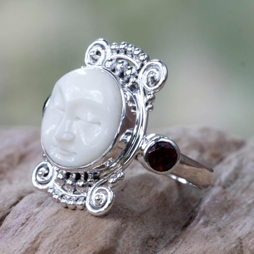 NOVICA Artisan Handmade Garnet Cocktail Ring Carved Bone Silver Sterling Red Indonesia Sun Moon Birthstone 'Moon Dream' - Image 2