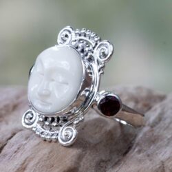 NOVICA Artisan Handmade Garnet Cocktail Ring Carved Bone Silver Sterling Red Indonesia Sun Moon Birthstone 'Moon Dream' - Image 2