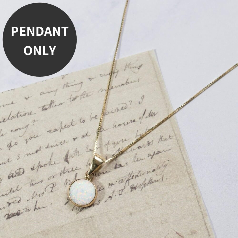 14K Gold White Opal Pendant - 14K Solid Yellow Gold Dainty Pendant with October Birthstone, Simple 8mm Size Round Opal Gemstone - Delicate Handmade Jewelry for Classy Women - Image 4