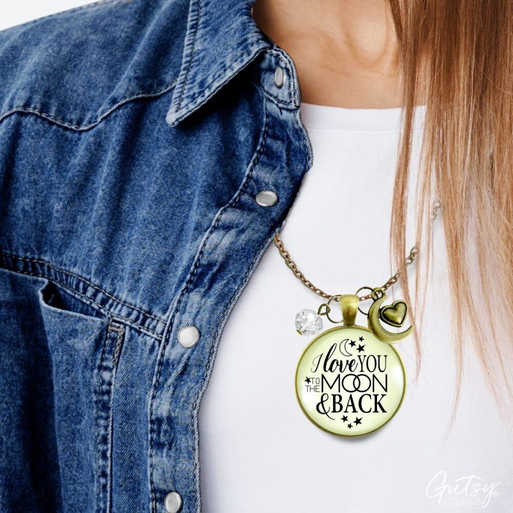 I Love You To The Moon and Back Necklace Boho Style Jewelry For Women Mother Daughter, Chain 24" - Handmade Nostalgic Quote Pendant, Bronze Moon Heart Charm, Packaged With Message Card & Gift Box - Image 7