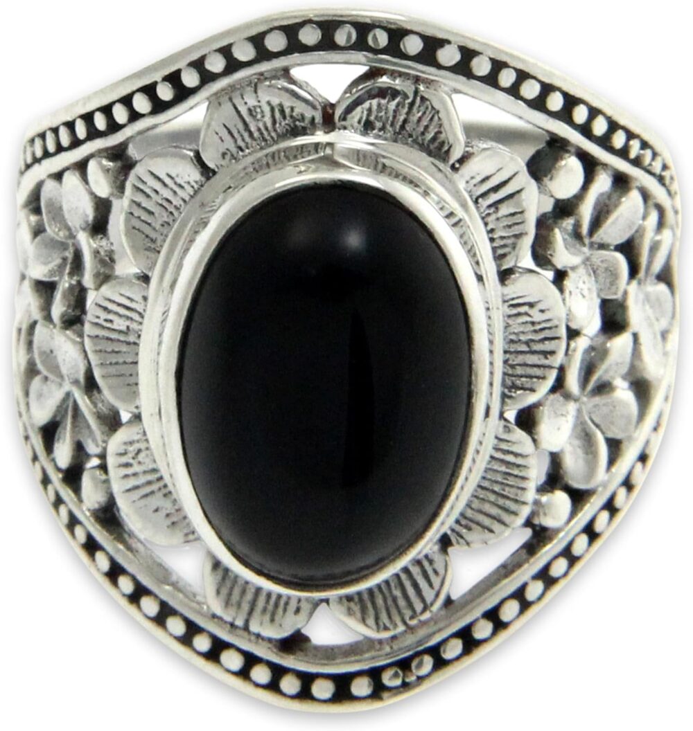 NOVICA Artisan Handmade Onyx Flower Ring Unique .925 Sterling Silver Cocktail Black White Indonesia Floral Happiness Birthstone 'Frangipani Mystery' - Image 4