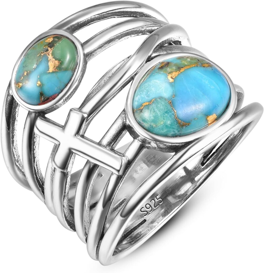 Turquoise Ring 925 Sterling Silver Cross Highway Rings for Women Handmade Statement Rings Valentine's Day Daily Jewelry Gifts Size 6-9 - Image 7