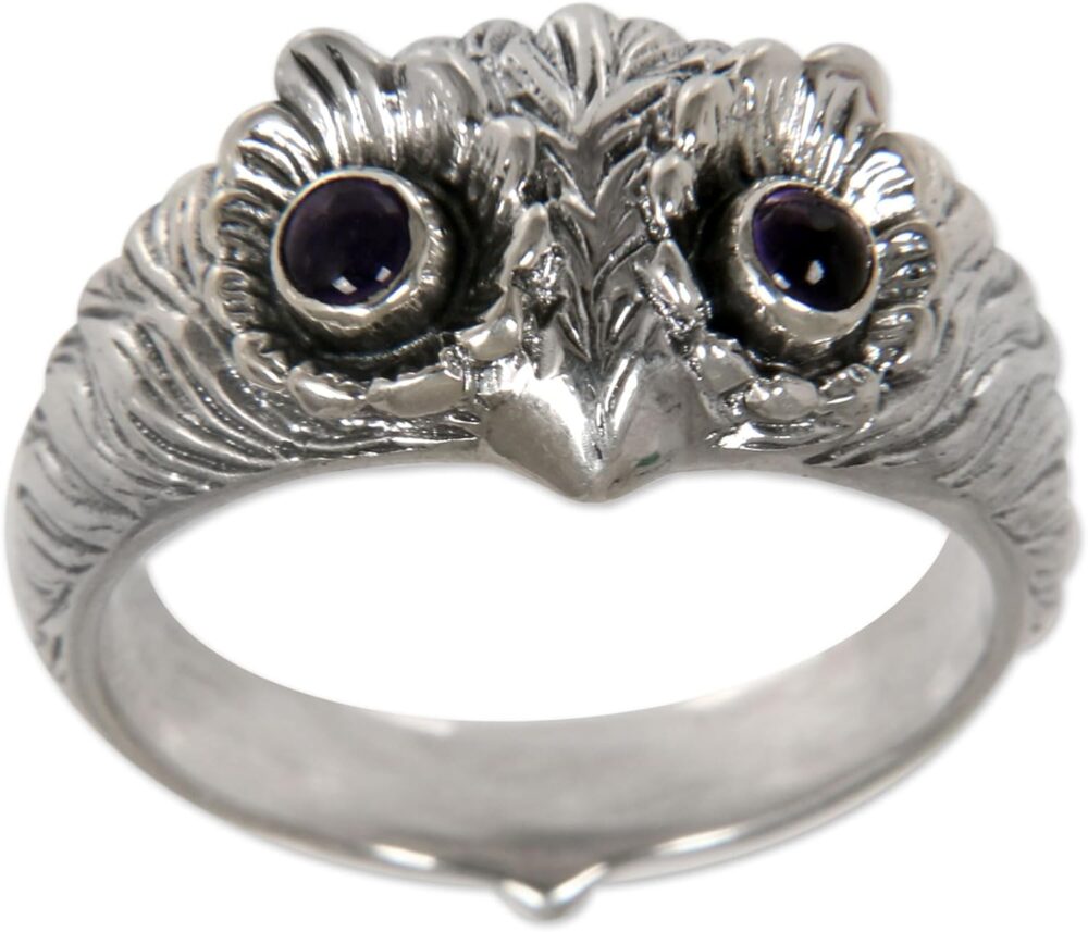 NOVICA Artisan Handmade Amethyst Ring Silver Bird Sterling Purple Band Indonesia Animal Themed Good Fortune Birthstone [crownbezel 0.4 in L x 0.7 in W x 0.2 in H Band Width 4 mm W] ' Owl Wisdom'