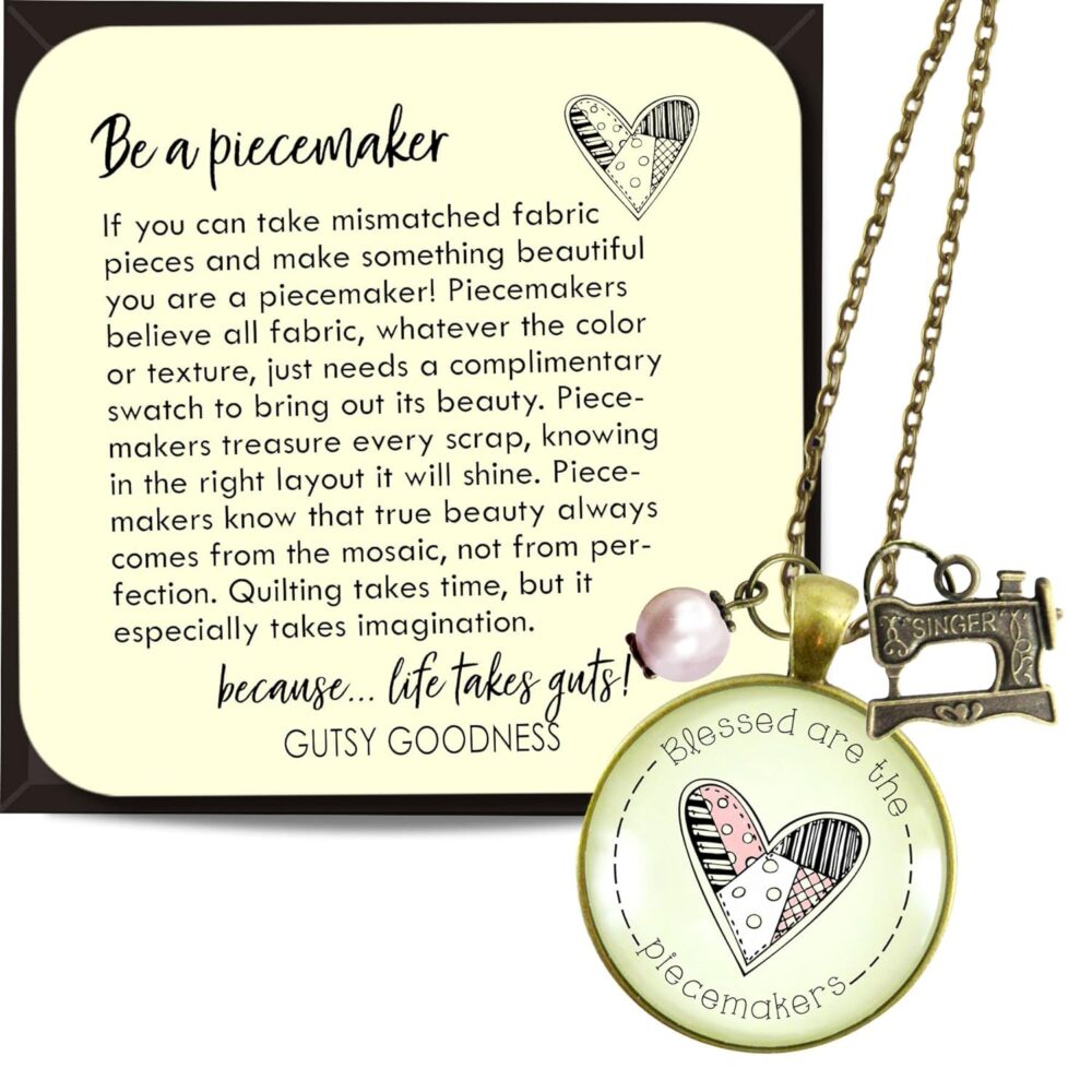 Quilters Necklace Blessed are Piecemakers Seamstress Faith Jewelry for Women 36" Chain - Handmade Pendant, Vintage Bronze Sewing Machine Charm, Thoughtful Packaging with Message Card & Gift Box