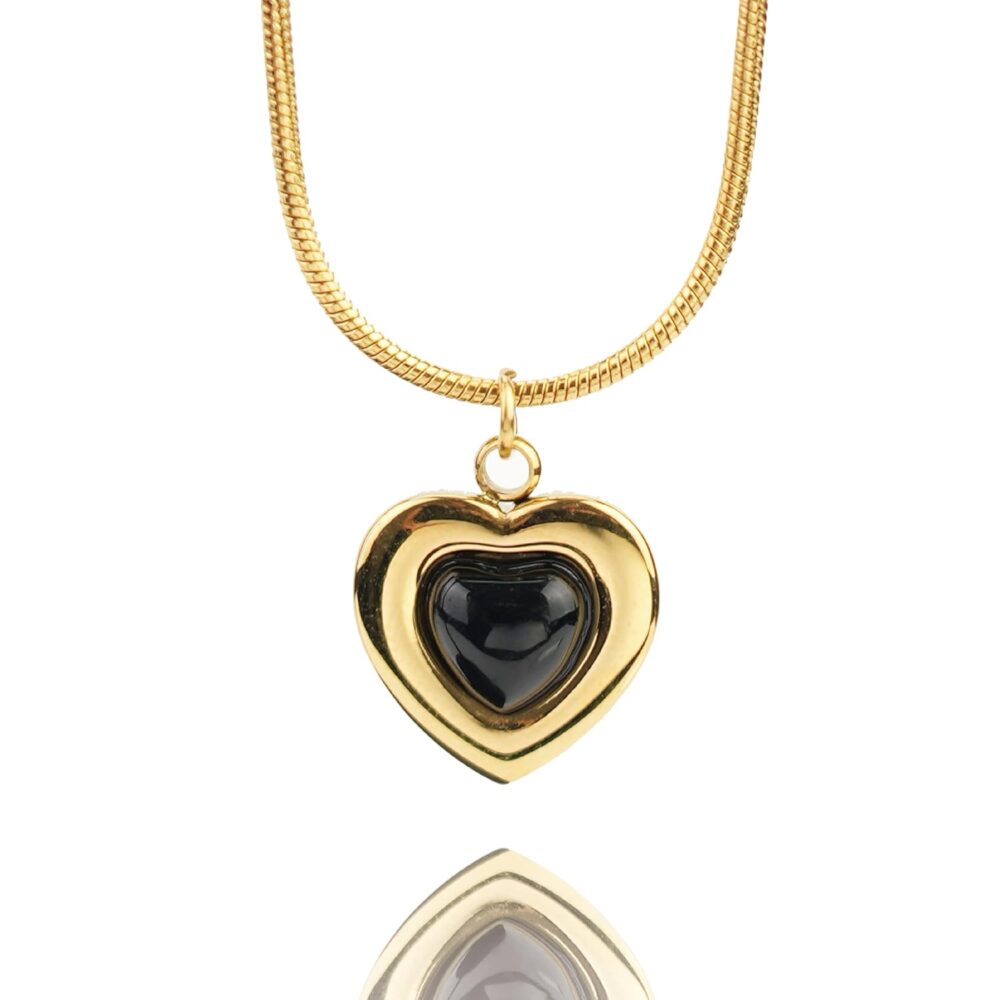 16" Handmade 18K Gold Plated Vintage Heart Black Onyx Pendant Necklace, Heart black glaze energy healing crystal pendant necklace jewelry, Inspirational Gifts for Women, Mom, Sister