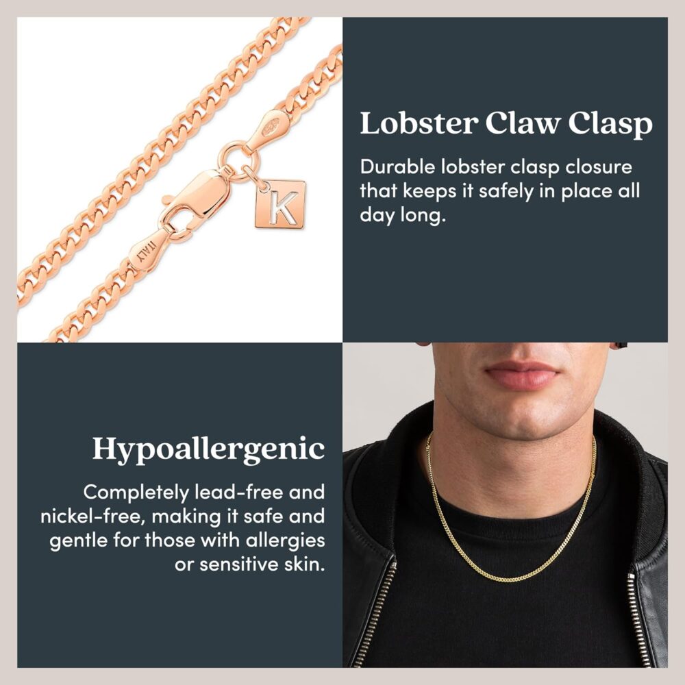 KEZEF Miami 18k 3mm Cuban Link Chain for Boys Girls 925 Sterling Silver Necklace Chain Tarnish Free Gold Necklace Gold Plated Chain Rose Gold Chains Sterling Silver Chain - Image 3