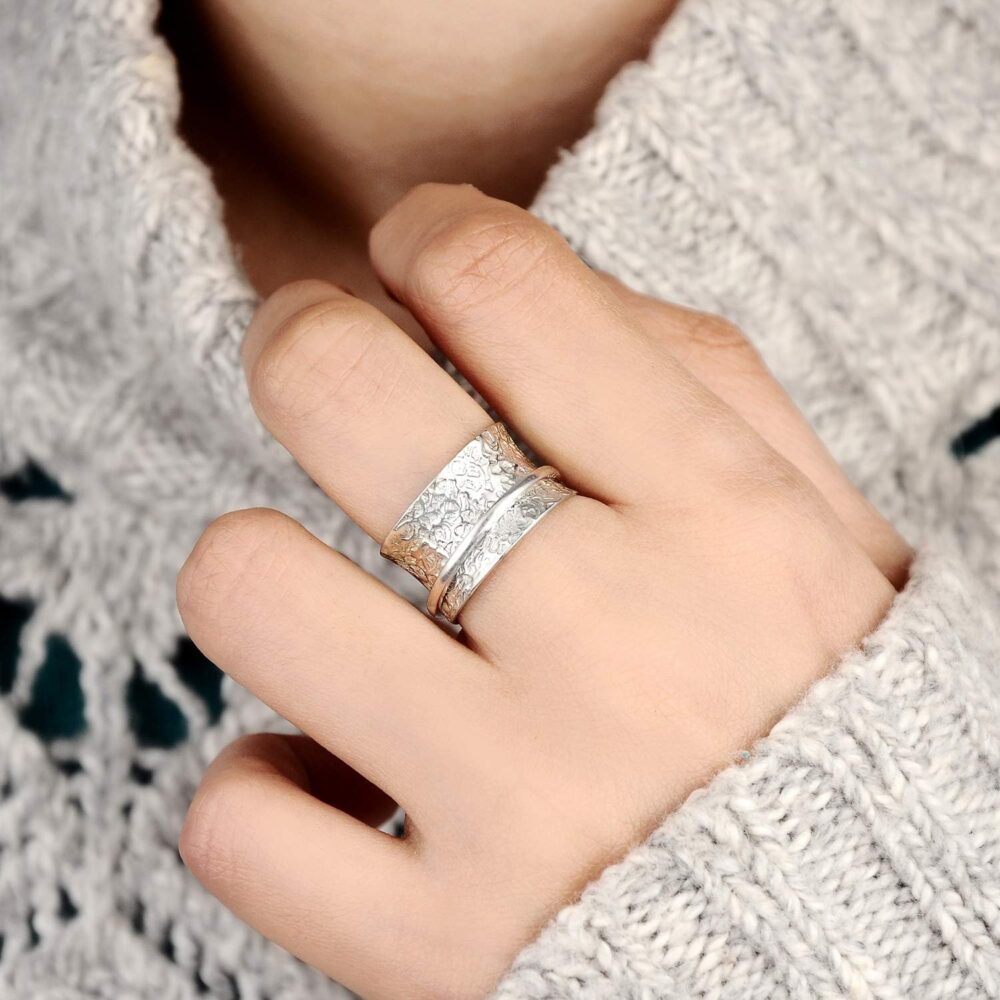 Boho-Magic 925 Sterling Silver Spinner Ring for Women Hammered Fidget Ring Wide Band - Image 7