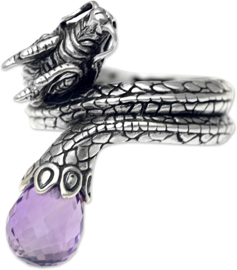 NOVICA Artisan Handmade Amethyst Cocktail Ring Original Silver Dragon with Sterling Purple Indonesia Animal Themed Birthstone 'Royal Dragon'