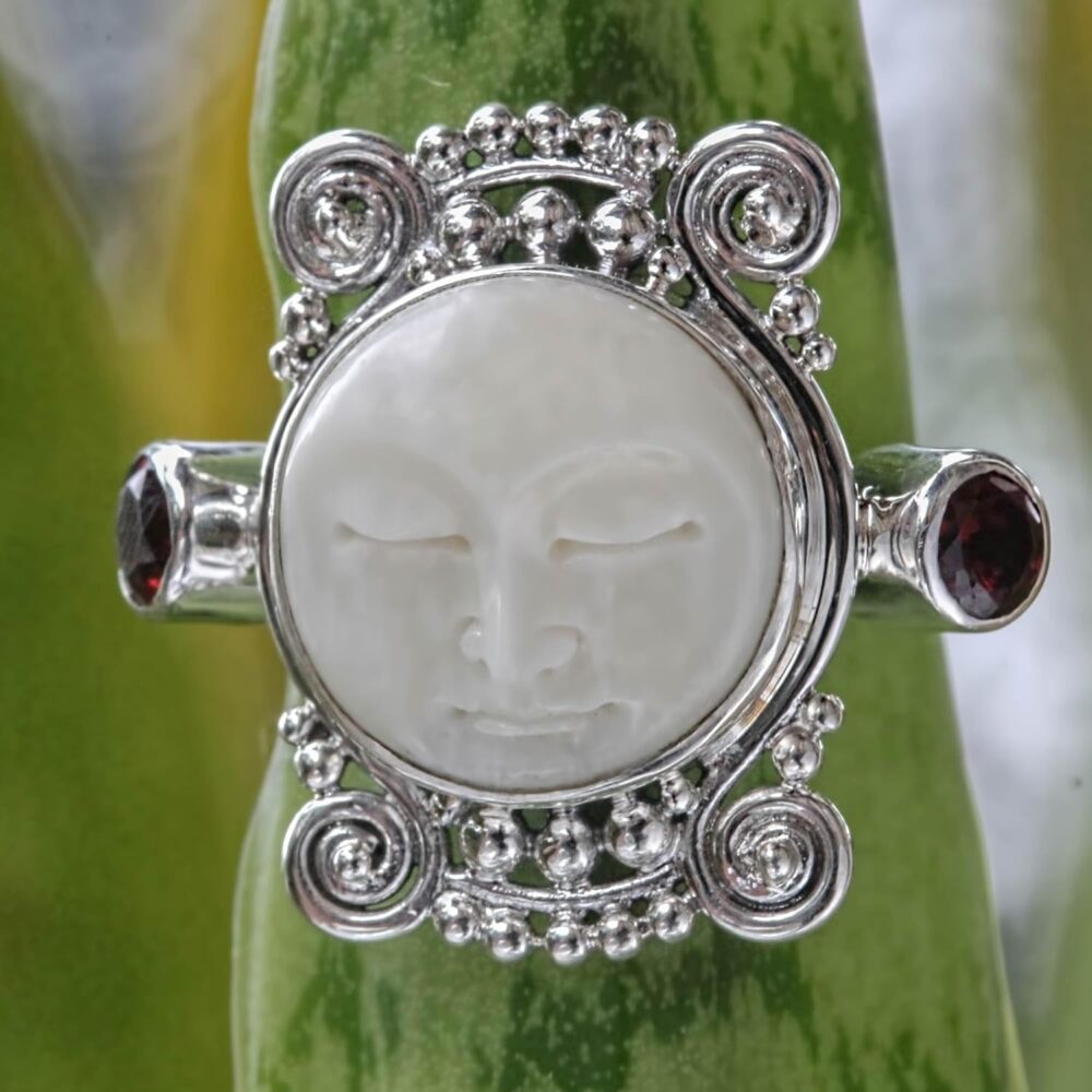 NOVICA Artisan Handmade Garnet Cocktail Ring Carved Bone Silver Sterling Red Indonesia Sun Moon Birthstone 'Moon Dream' - Image 3