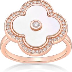 Lavari Jewelers Four Leaf Clover Flower Ring for Women - Black Onyx Green Malachite or Mother of Pearl & Cubic Zirconia in 925 Sterling Silver - Hypoallergenic Rhodium Plated - Halo Ring Size 5 to 10