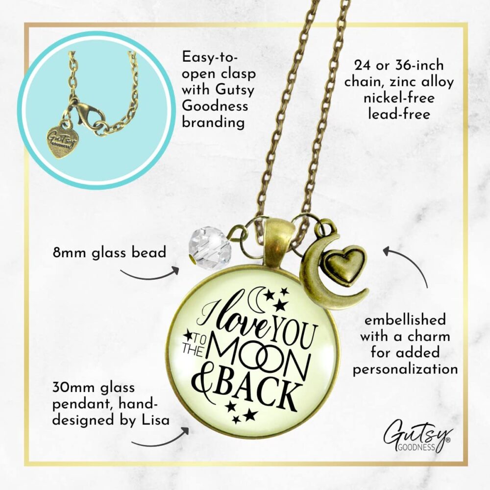 I Love You To The Moon and Back Necklace Boho Style Jewelry For Women Mother Daughter, Chain 24" - Handmade Nostalgic Quote Pendant, Bronze Moon Heart Charm, Packaged With Message Card & Gift Box - Image 5