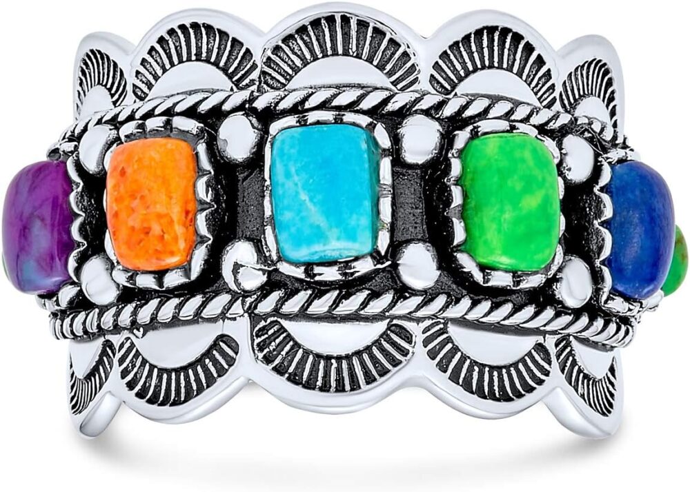 Personalize Southwest Boho Western Style 5 Rectangle Multi Color Genuine Gemstones Bezel Set Purple Blue Green Orange Statement Wide Band Ring For Women Oxidized .925 Sterling Silver Customizable