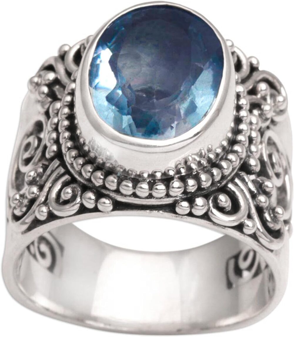 NOVICA Artisan Handmade Blue Topaz Single Stone Ring .925 Sterling Silver from Bali Cocktail Indonesia Gemstone Birthstone 'Glorious Vines'