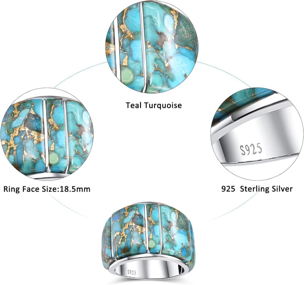 Wide Turquoise Ring for Women - 925 Sterling Silver Western Turquoise Statement Rings Multicolor Gemstones Wide Band Ring Valentines Gifts Size 6-10 - Image 6