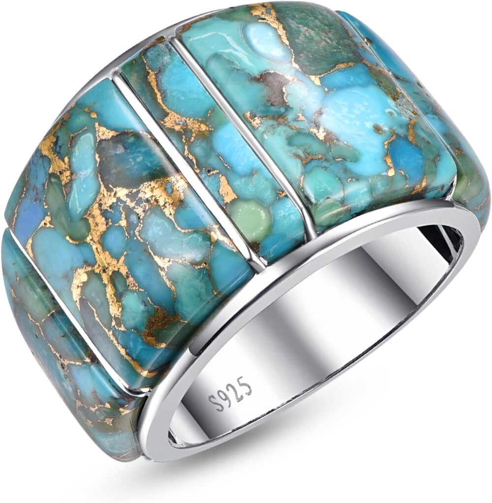 Wide Turquoise Ring for Women - 925 Sterling Silver Western Turquoise Statement Rings Multicolor Gemstones Wide Band Ring Valentines Gifts Size 6-10 - Image 2