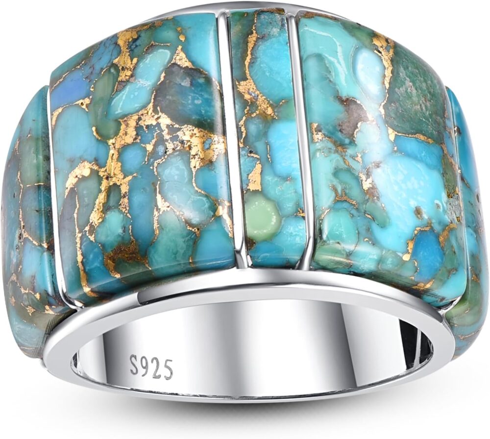 Wide Turquoise Ring for Women - 925 Sterling Silver Western Turquoise Statement Rings Multicolor Gemstones Wide Band Ring Valentines Gifts Size 6-10