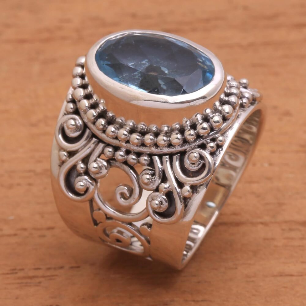 NOVICA Artisan Handmade Blue Topaz Single Stone Ring .925 Sterling Silver from Bali Cocktail Indonesia Gemstone Birthstone 'Glorious Vines' - Image 4