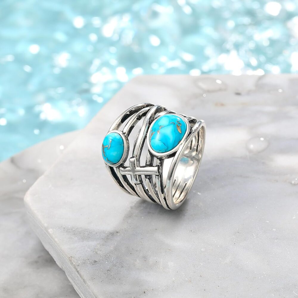 Turquoise Ring 925 Sterling Silver Cross Highway Rings for Women Handmade Statement Rings Valentine's Day Daily Jewelry Gifts Size 6-9 - Image 2