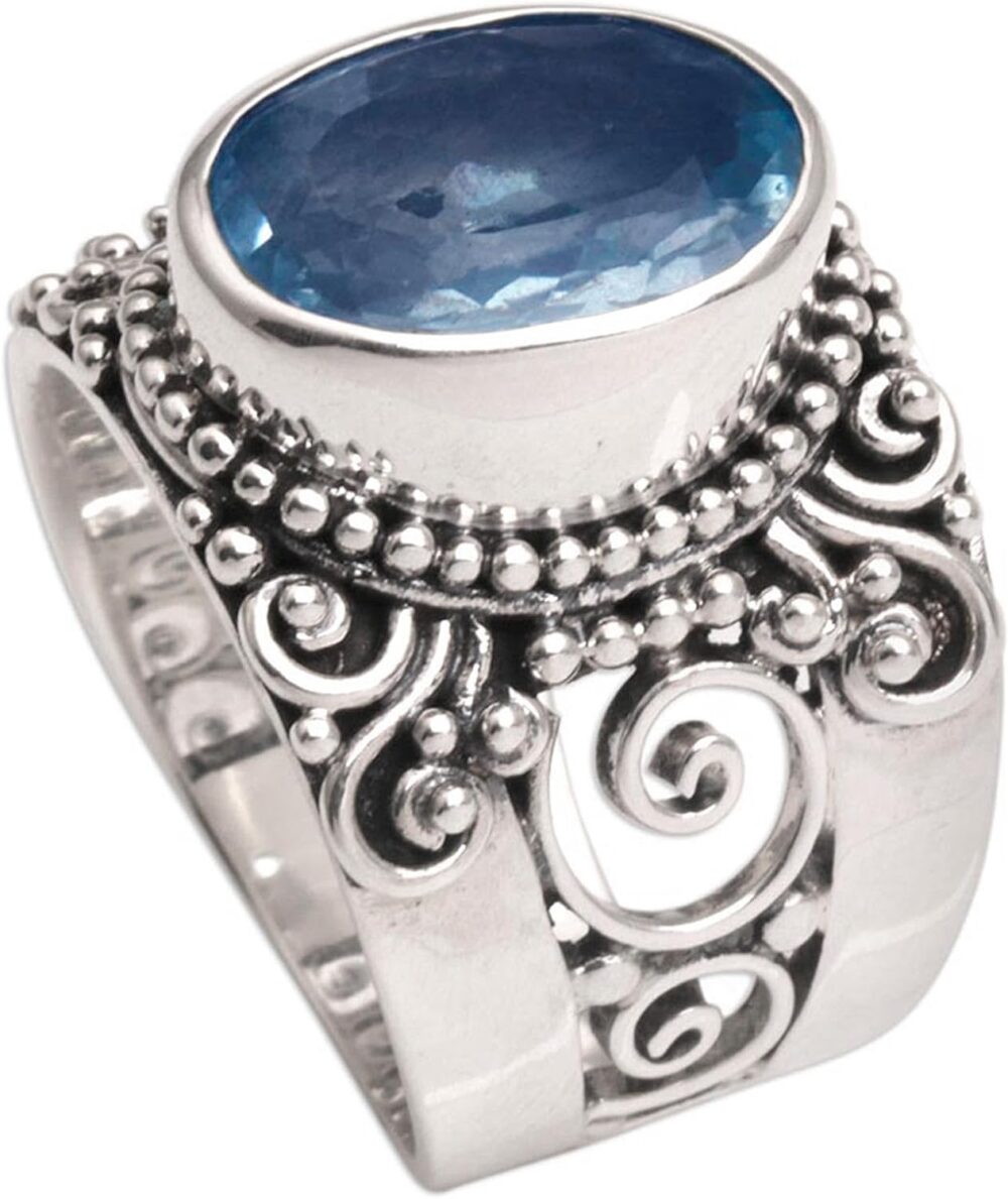 NOVICA Artisan Handmade Blue Topaz Single Stone Ring .925 Sterling Silver from Bali Cocktail Indonesia Gemstone Birthstone 'Glorious Vines' - Image 3