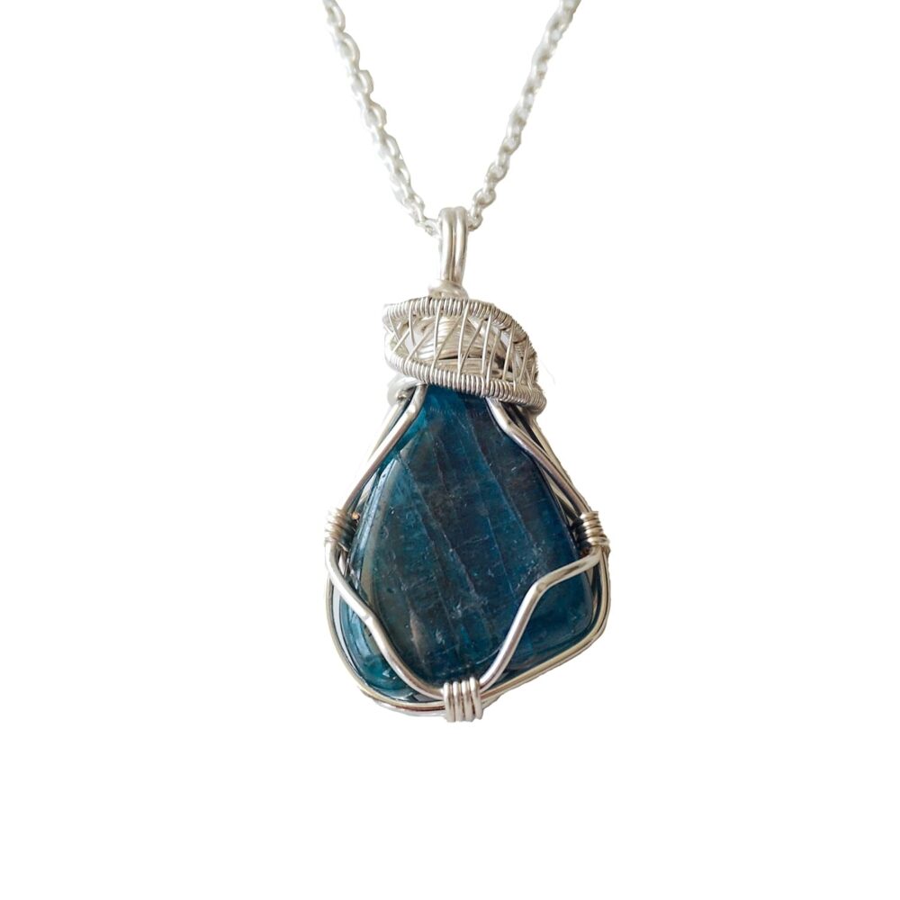 Designs by Nature Gems Handmade Women’s Apatite Necklace 24 Inch Chain Silver Plated, March Birthstone, Wire Wrapping Jewelry, Wire Wrapped Pendant, Comes with a Gift Box