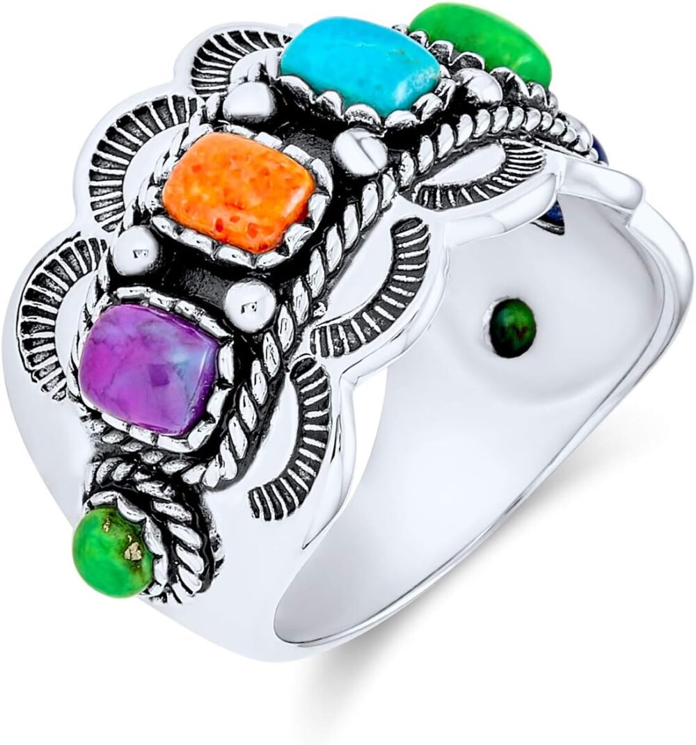 Personalize Southwest Boho Western Style 5 Rectangle Multi Color Genuine Gemstones Bezel Set Purple Blue Green Orange Statement Wide Band Ring For Women Oxidized .925 Sterling Silver Customizable - Image 2