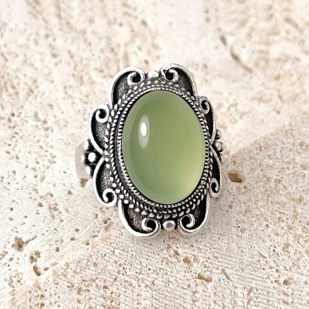 Natural Oval Olive Green Agate Stone Ring,Retro S925 Sterling Silver Real Genuine Crystal Quartz Gemstone Wide Chunky Boho Bohemian Statement Ring for Women Her (B_Olive Agate, 10) - Image 2