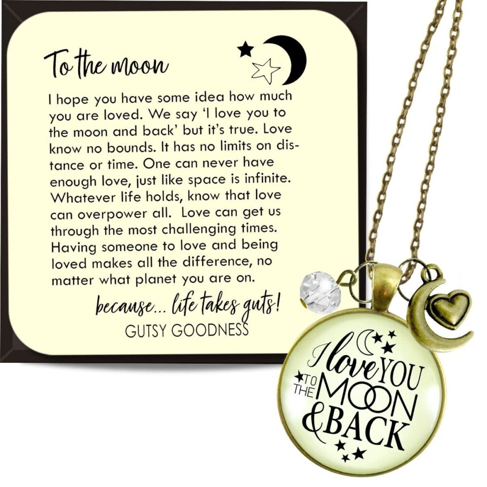 I Love You To The Moon and Back Necklace Boho Style Jewelry For Women Mother Daughter, Chain 24" - Handmade Nostalgic Quote Pendant, Bronze Moon Heart Charm, Packaged With Message Card & Gift Box