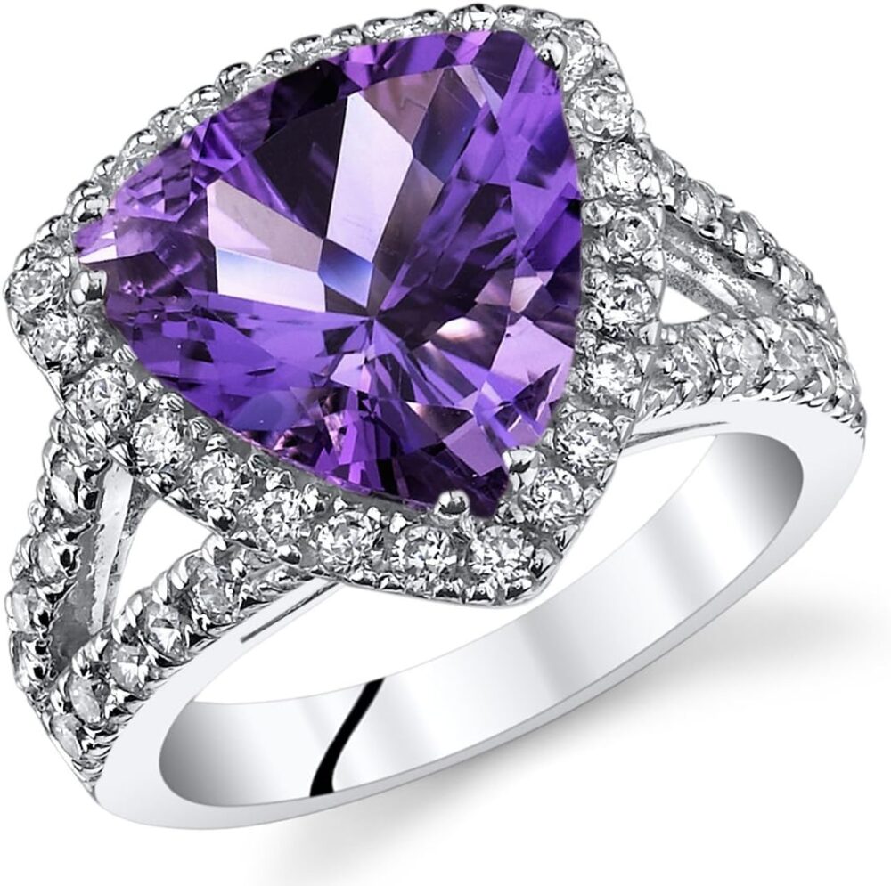 PEORA Amethyst Signature Statement Ring for Women 925 Sterling Silver, Natural Gemstone Birthstone, 3.75 Carats Trillion Cut 11mm, Sizes 5 to 9