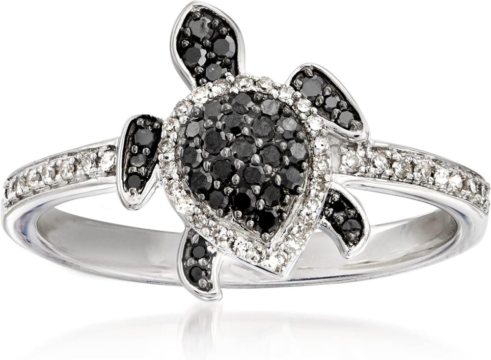 Ross-Simons 0.25 ct. t.w. Black and White Diamond Turtle Ring in Sterling Silver