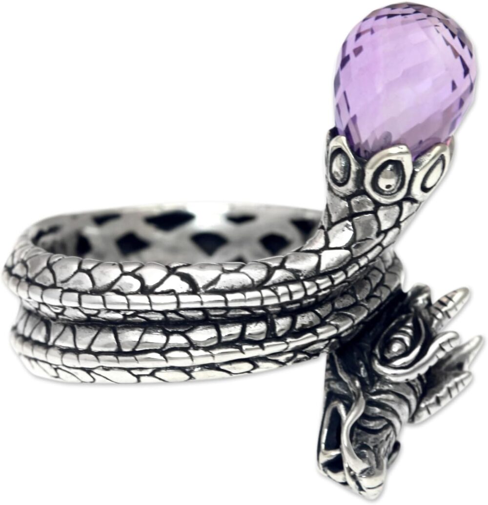 NOVICA Artisan Handmade Amethyst Cocktail Ring Original Silver Dragon with Sterling Purple Indonesia Animal Themed Birthstone 'Royal Dragon' - Image 3