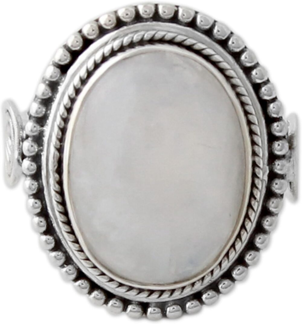 NOVICA Artisan Handmade Rainbow Moonstone Cocktail Ring India .925 Sterling Silver with White Clear 'Rainbow Glow'