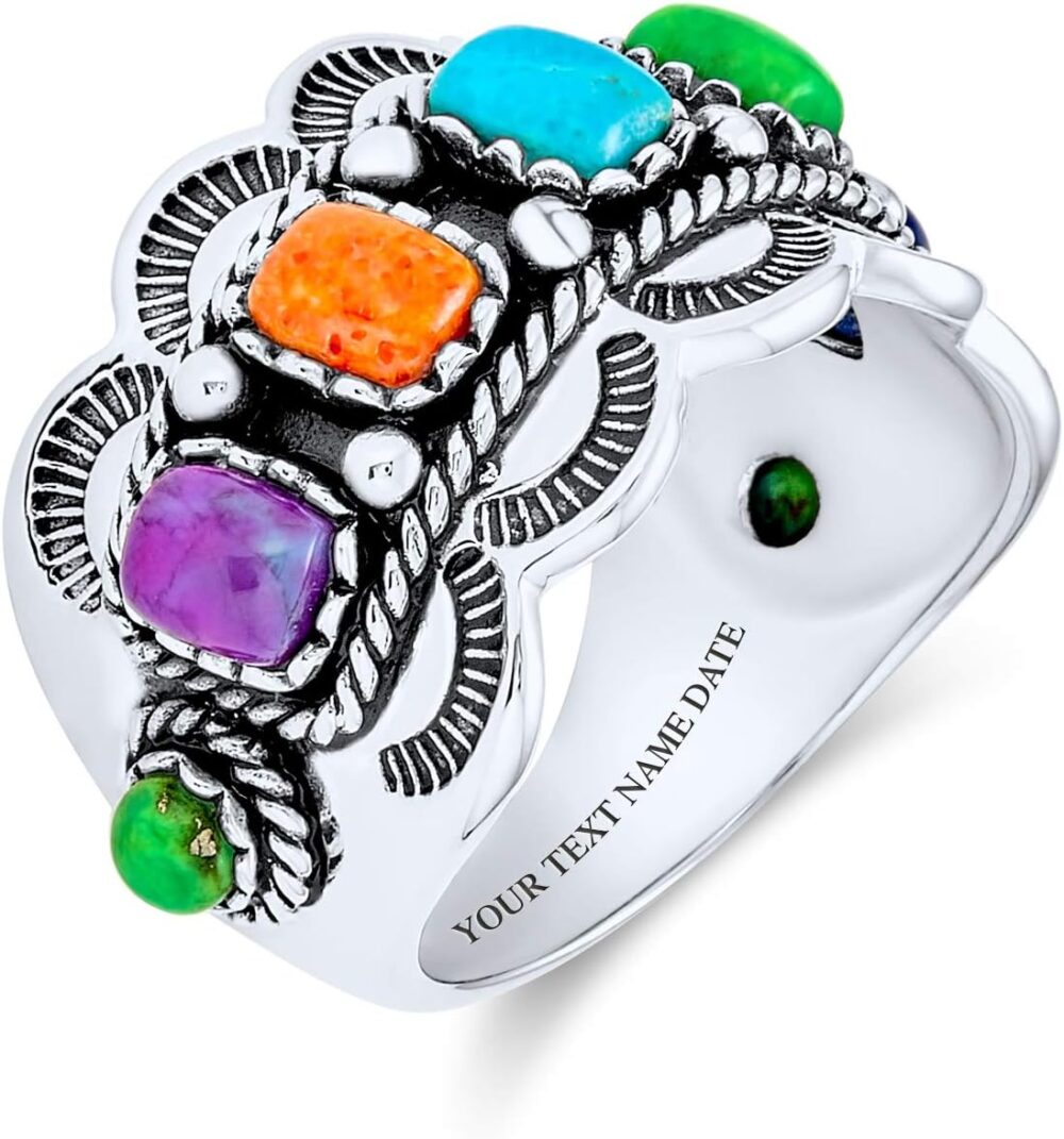 Personalize Southwest Boho Western Style 5 Rectangle Multi Color Genuine Gemstones Bezel Set Purple Blue Green Orange Statement Wide Band Ring For Women Oxidized .925 Sterling Silver Customizable - Image 4